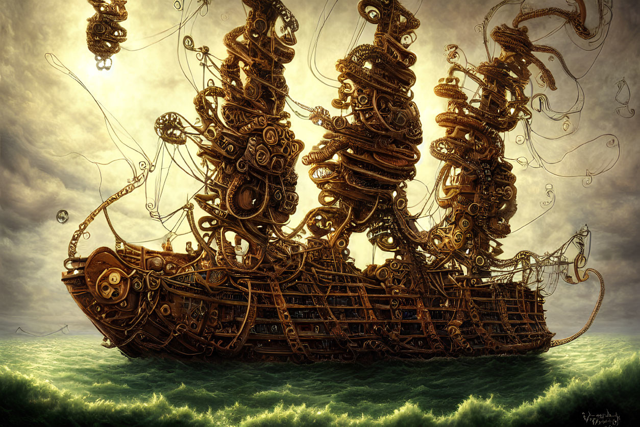 Intricate steampunk ship sailing on tumultuous sea