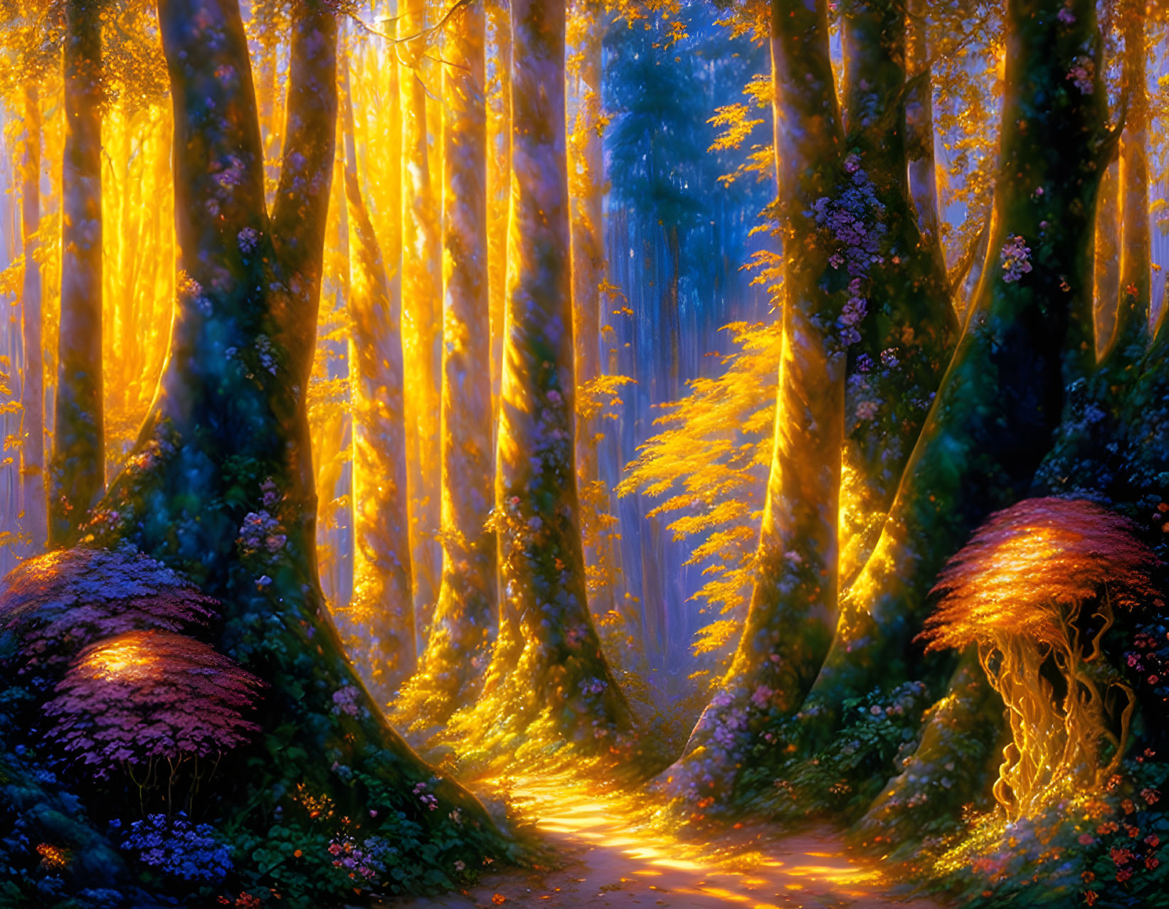 Sunlit Enchanted Forest Path with Glowing Mushrooms