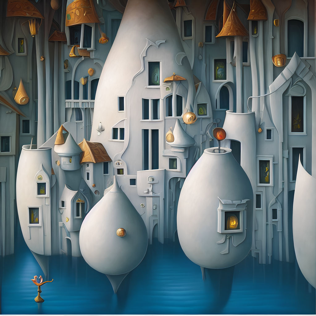 Surreal painting: White buildings with yellow-lit windows interconnected by ladders and pipes on blue