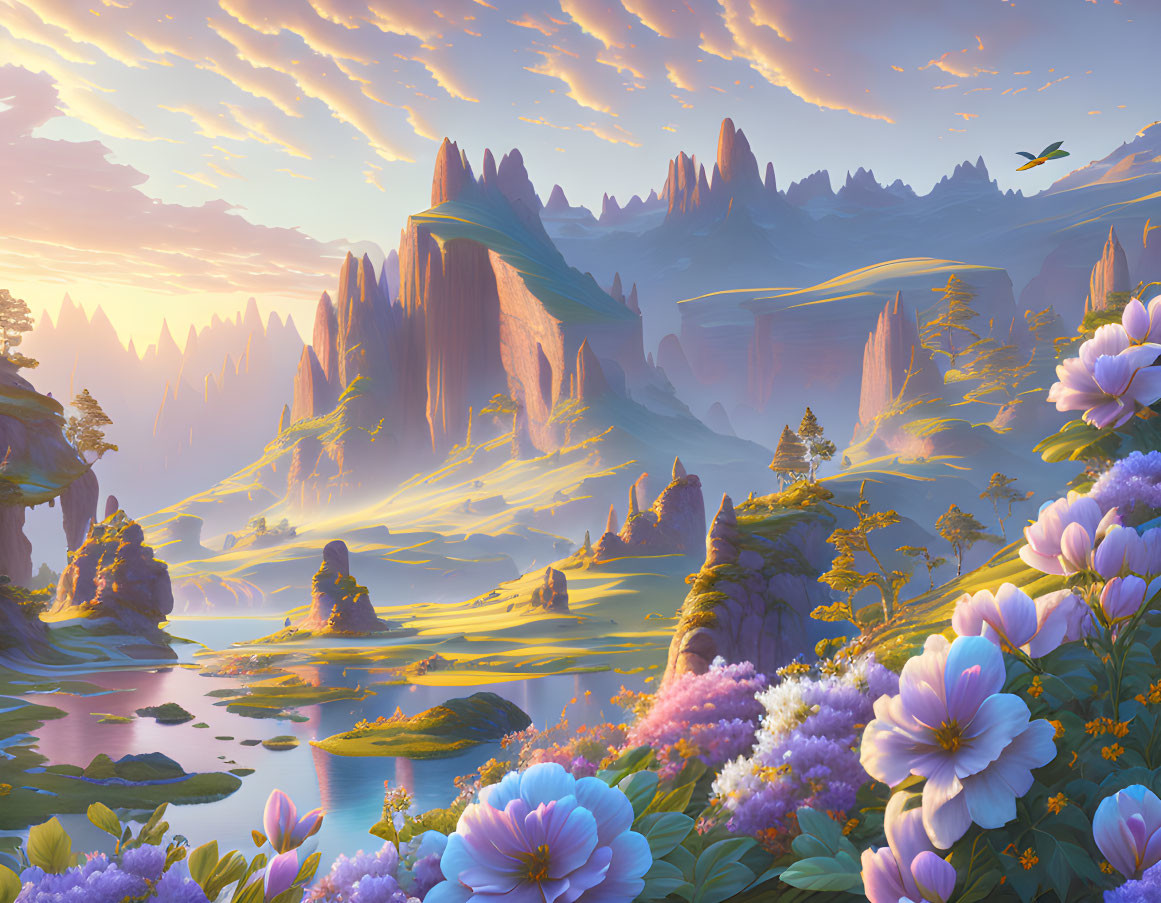 Fantasy sunrise landscape with vibrant flora, flowing rivers, and towering rock formations