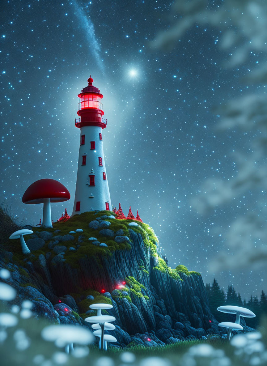 Vibrant lighthouse with red lantern on rocky cliff under starry sky