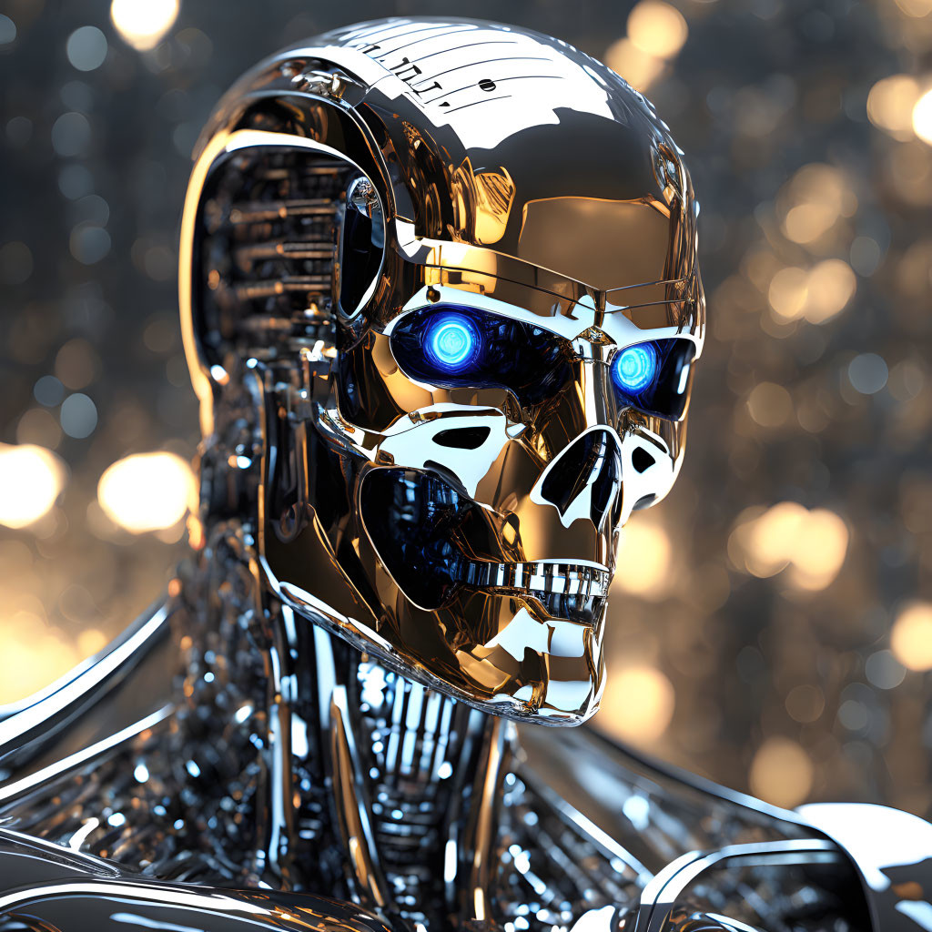 Detailed 3D Chrome Robot Head with Skull Design and Blue Glowing Eyes