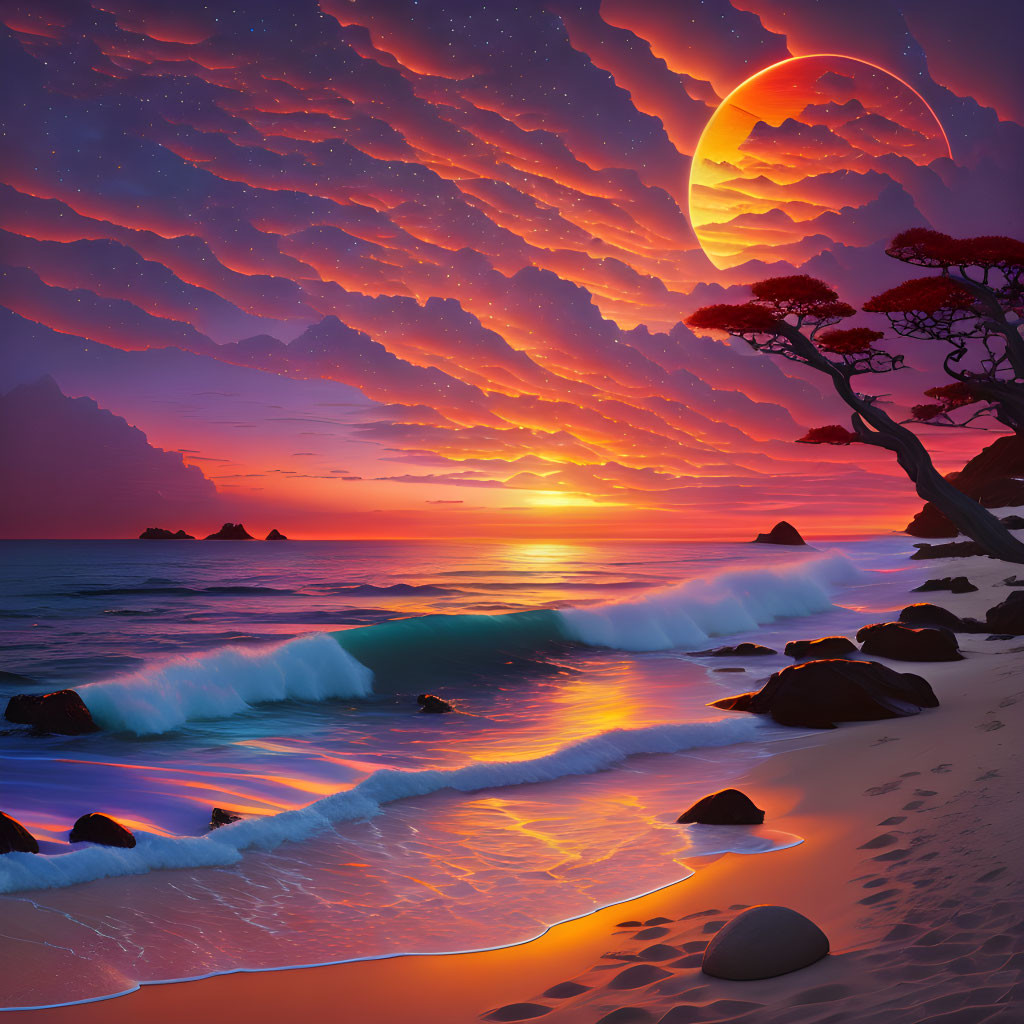 Tranquil beach scene at sunset with red moon and silhouetted tree