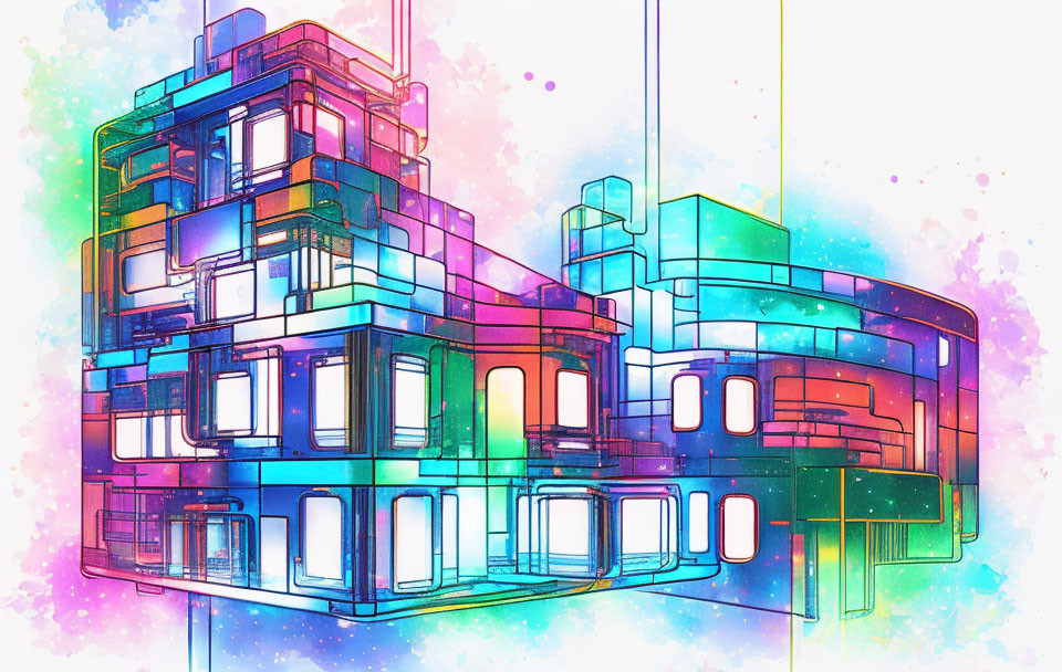 Futuristic neon buildings in vibrant digital art.