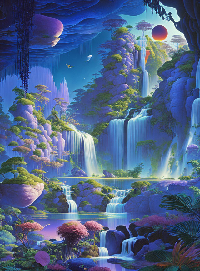 Fantastical landscape with waterfalls, lush vegetation, floating islands, crescent moon, and hot