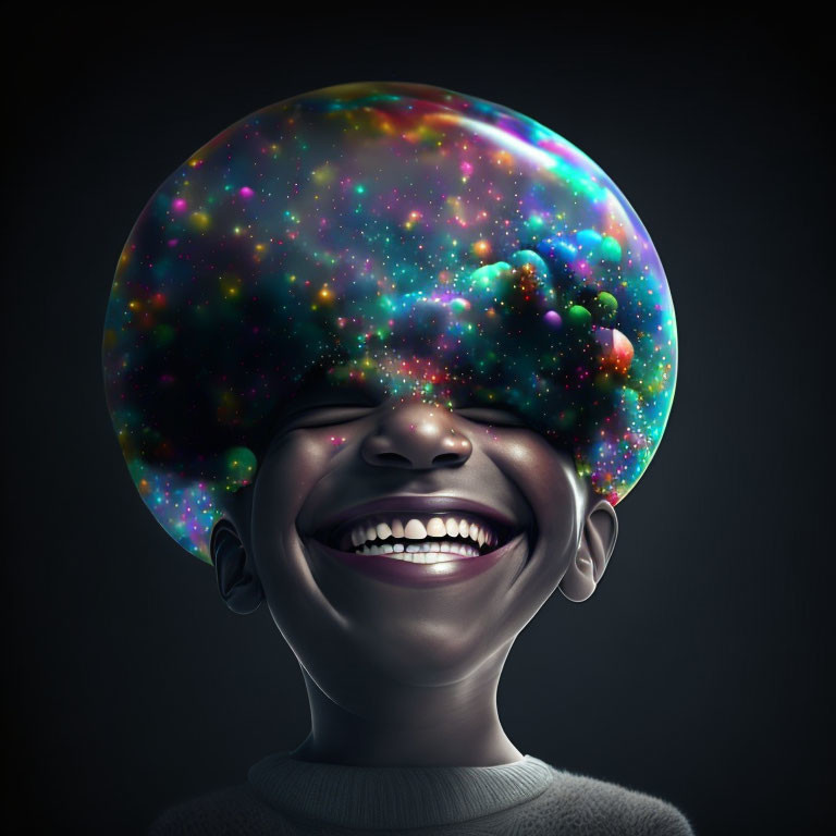 Child with swirling galaxy symbolizing imagination and wonder