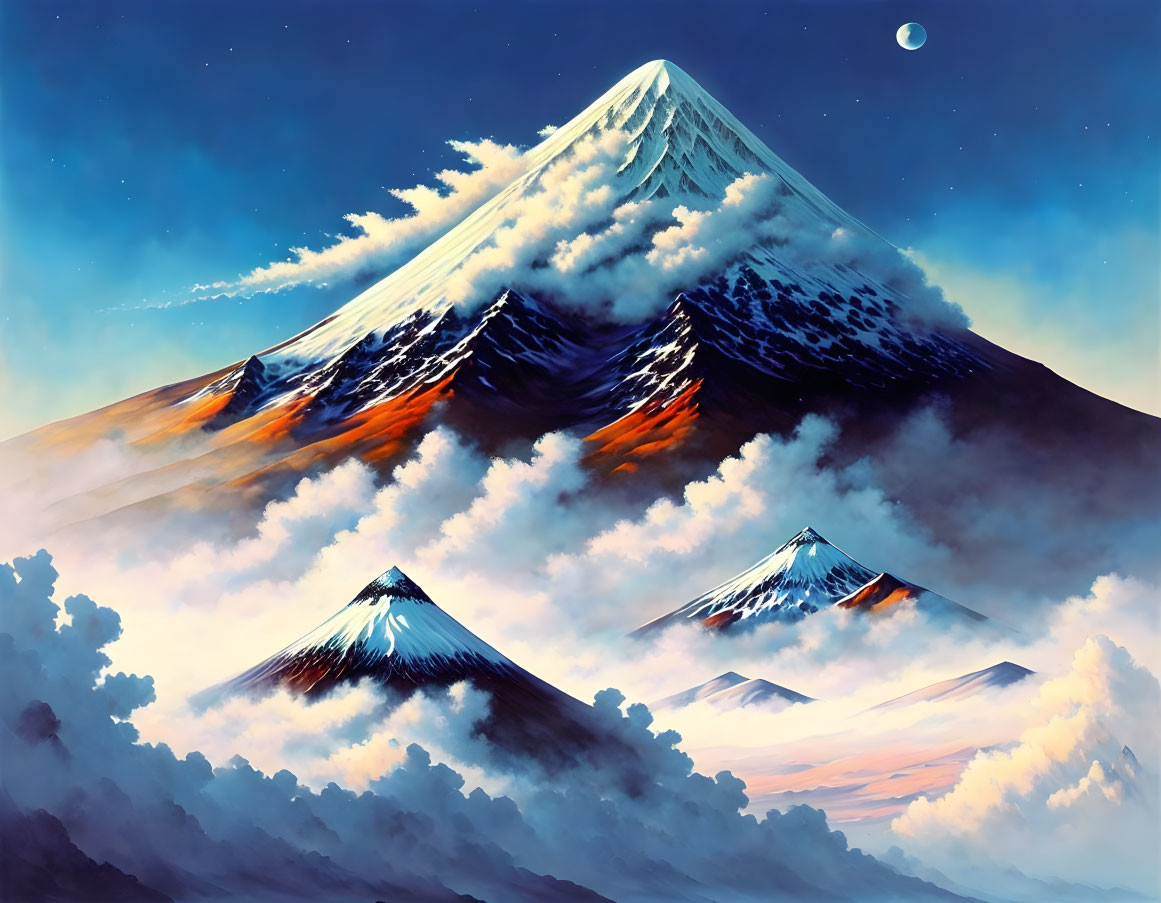 Snow-capped mountains under twilight sky with crescent moon: a serene painting.