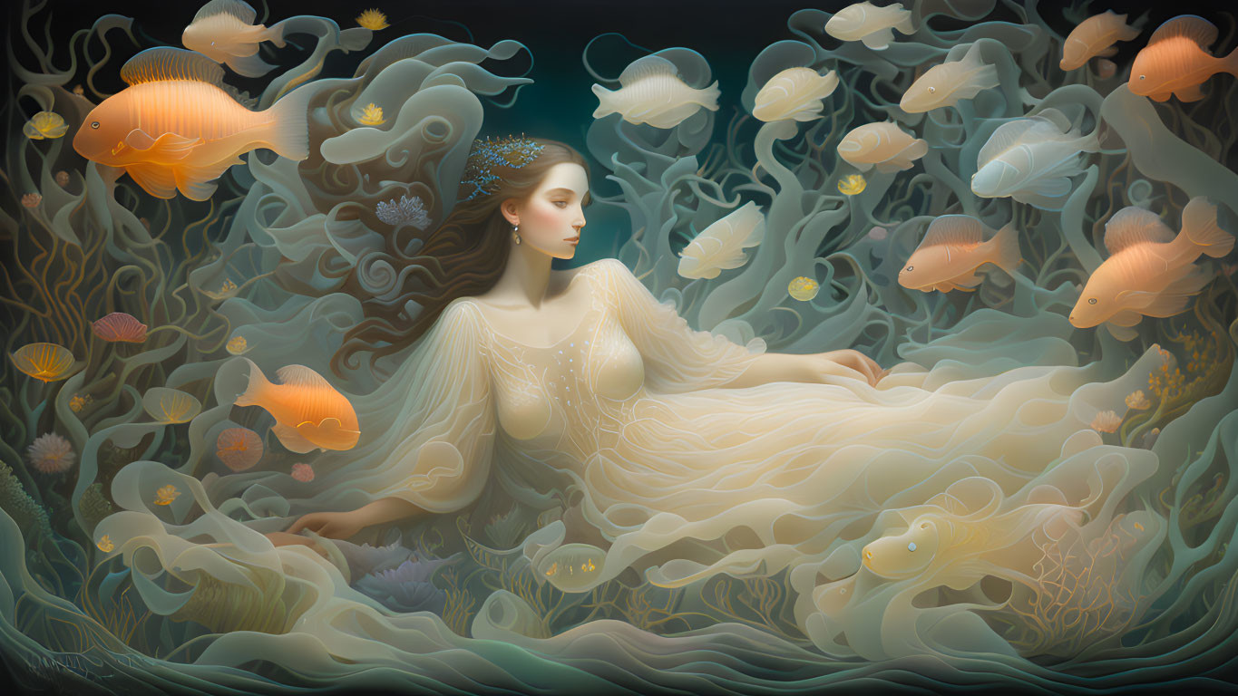 Surreal image: Woman in ethereal attire with golden fish in mystical underwater dreamscape