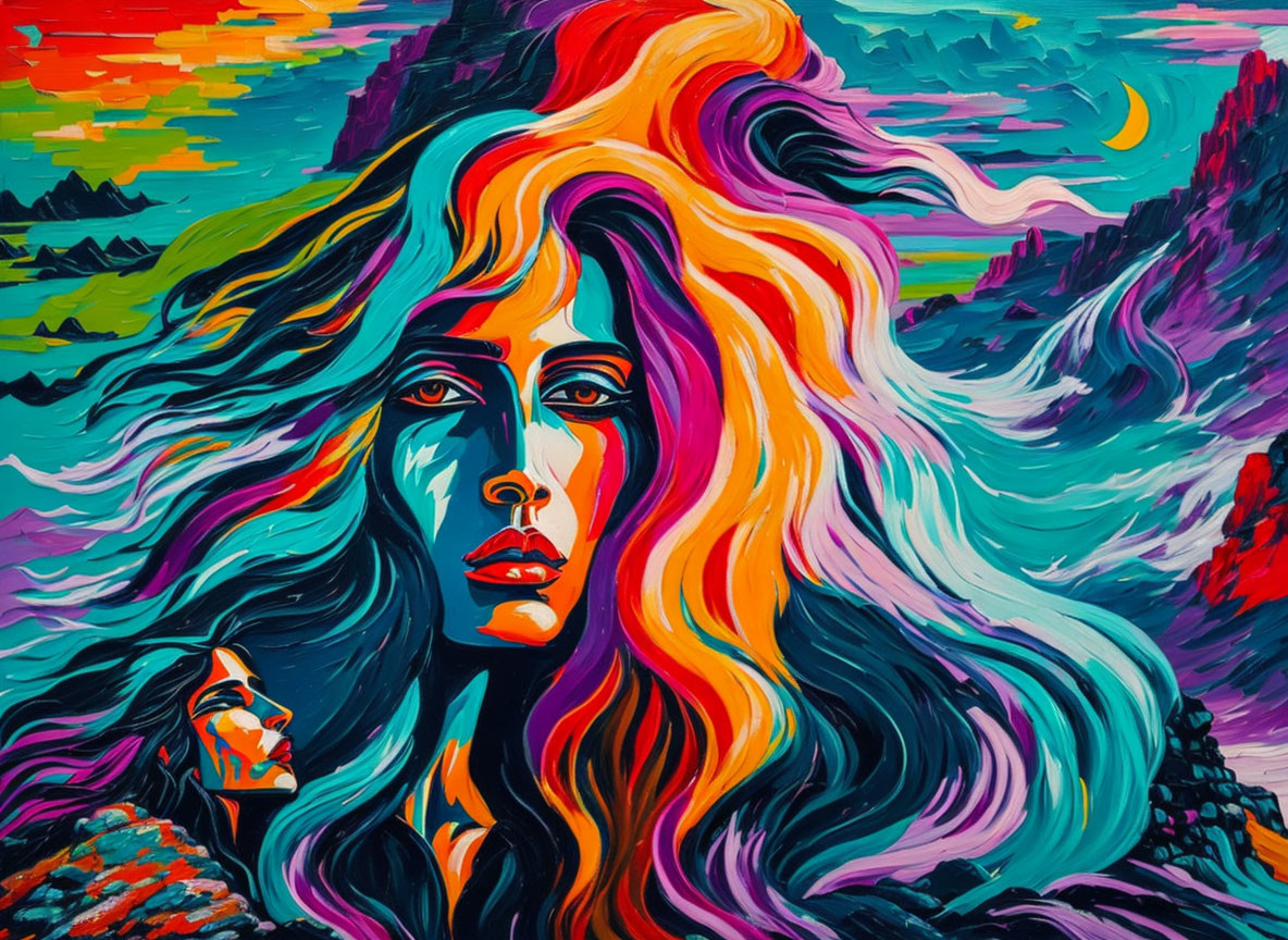 Colorful painting: Woman with multicolored hair in wavy landscape