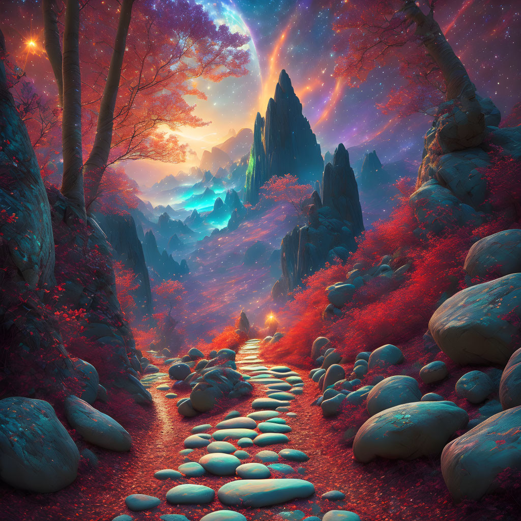 Mystic pathway through vibrant red forest under starlit sky