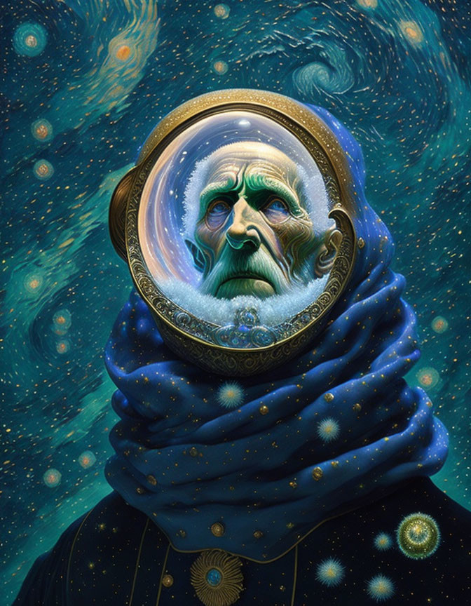 Illustrated portrait of man with green skin and space inside head in astronaut helmet.