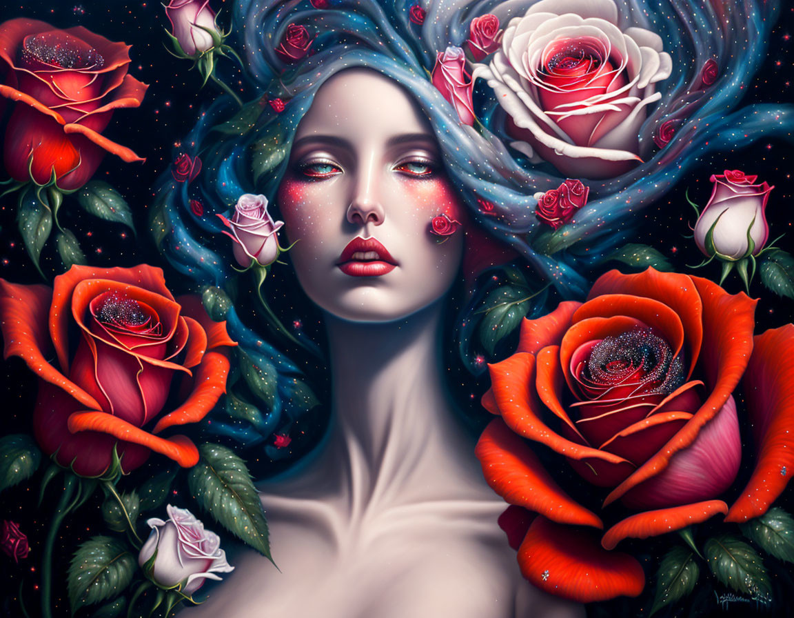 Digital artwork: Woman with flowing hair and red & white roses against cosmic backdrop