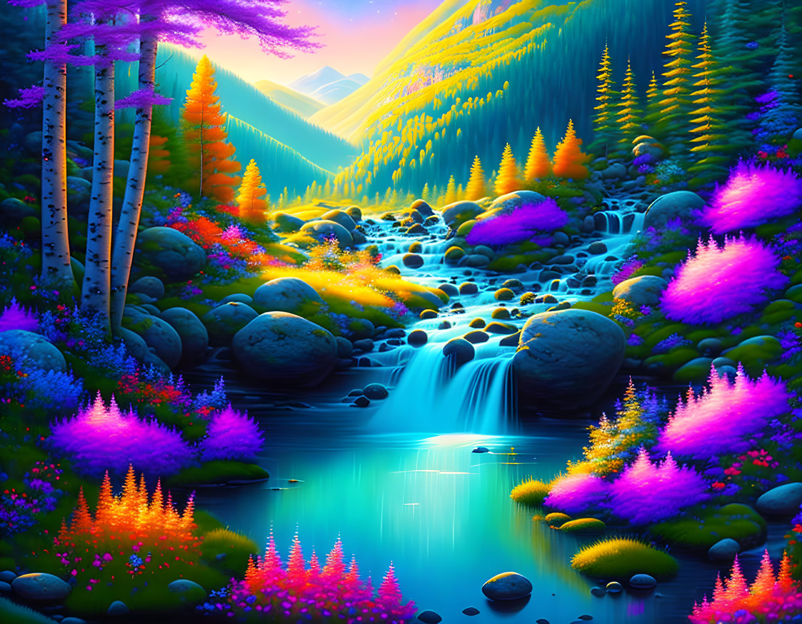 Fantastical neon-colored landscape with glowing stream and waterfalls