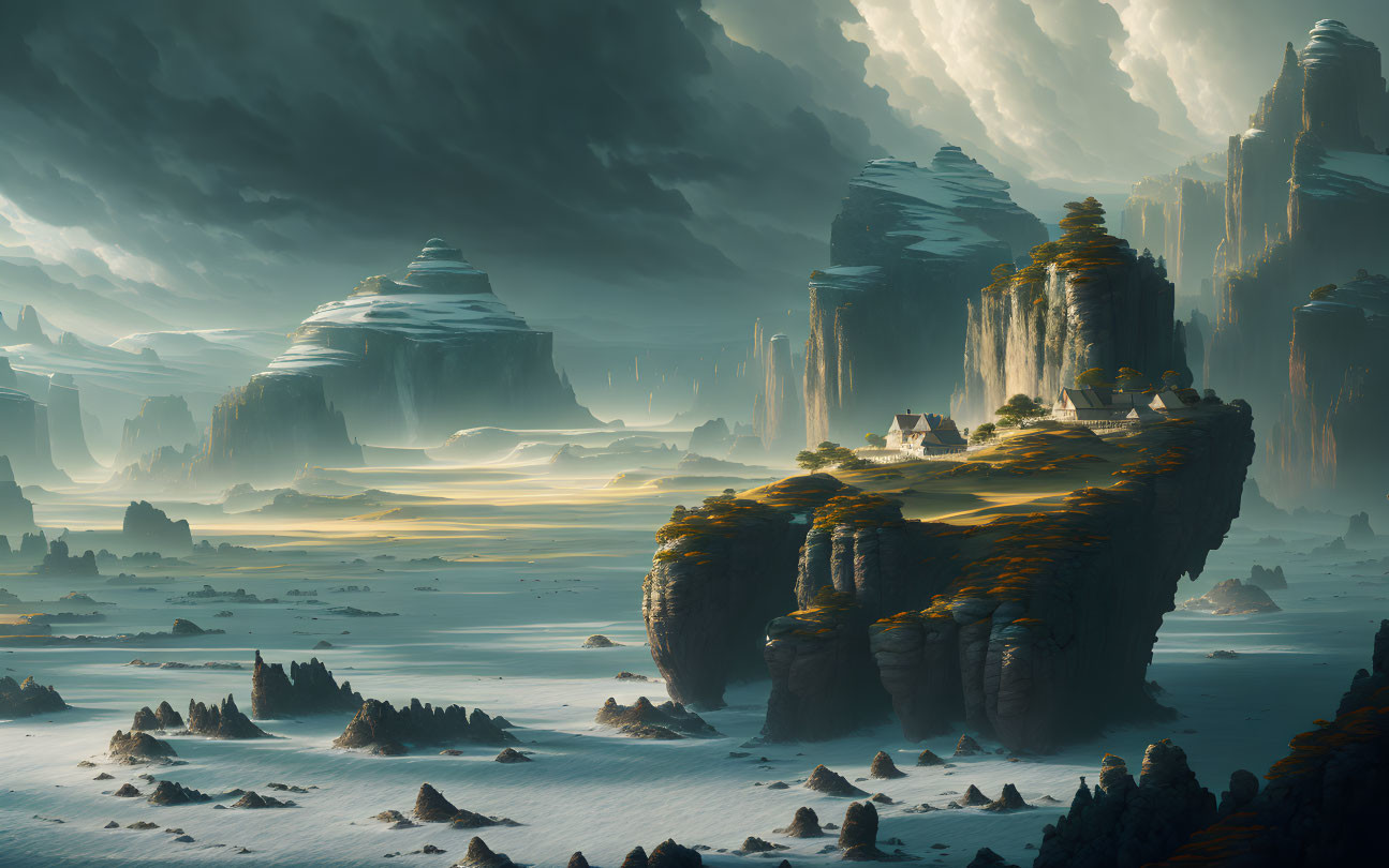 Ethereal landscape with towering cliffs and floating islands