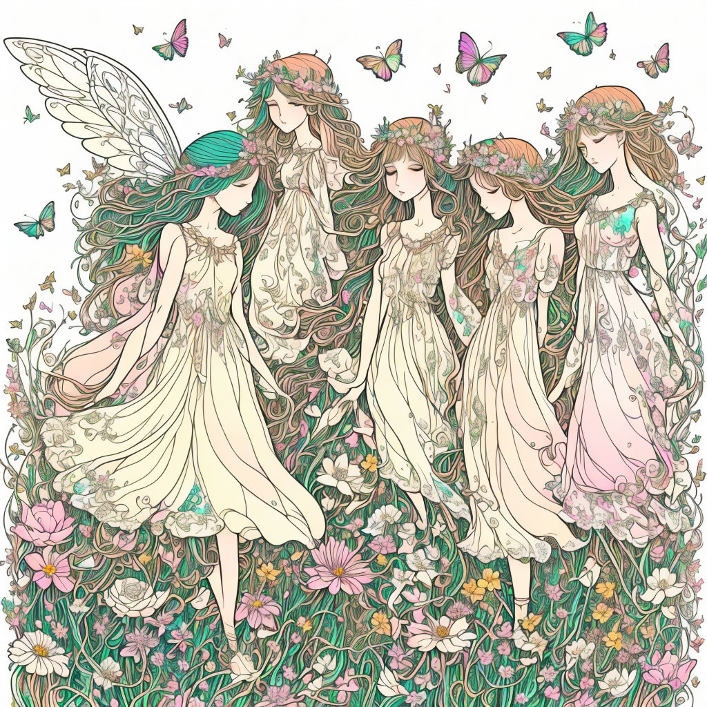 Five ethereal fairies in a garden with flowers and butterflies in pastel colors