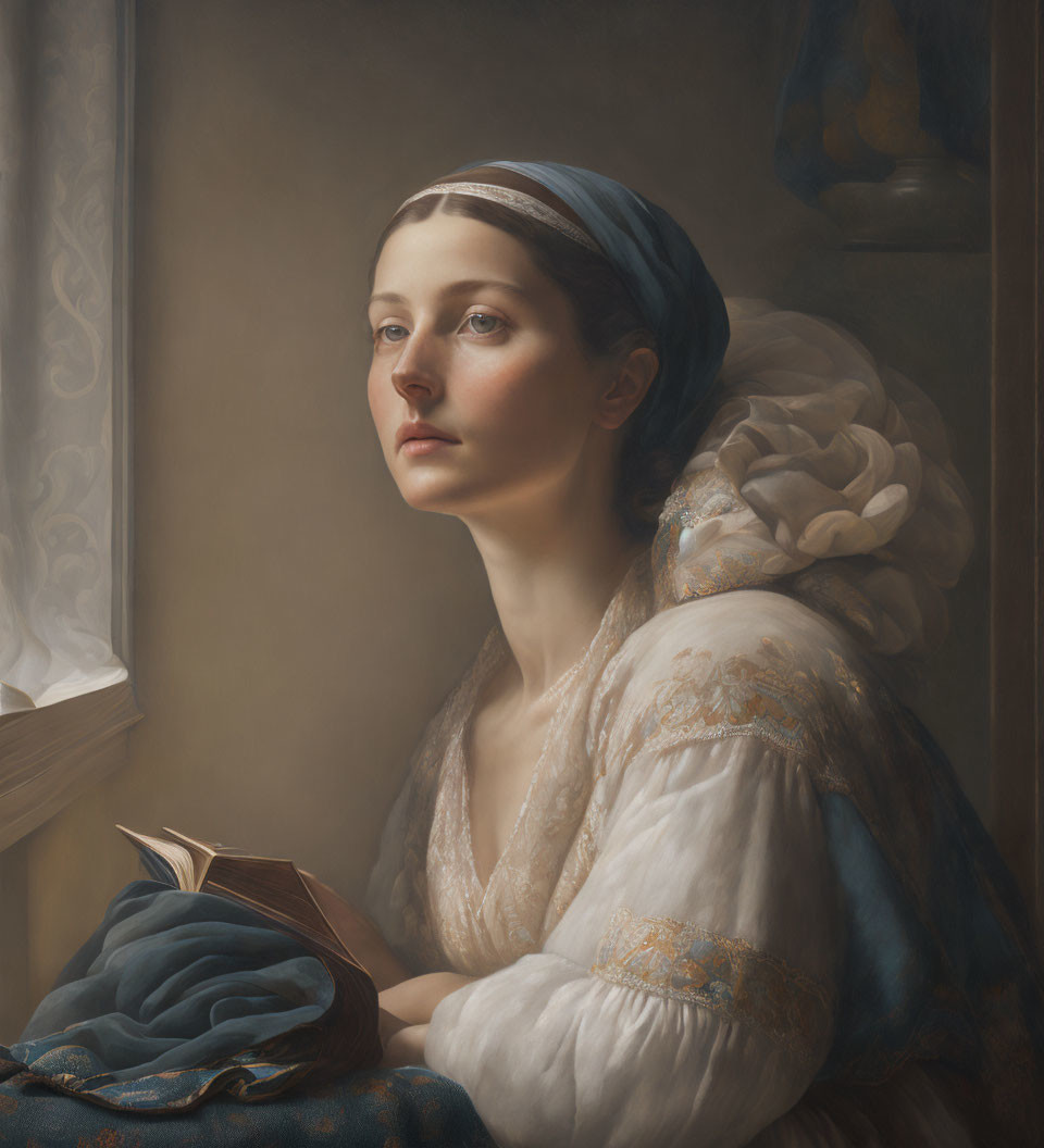 Historical woman in blue headband reading book by window