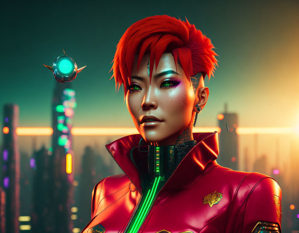 Red-haired female character in futuristic cityscape with flying drone