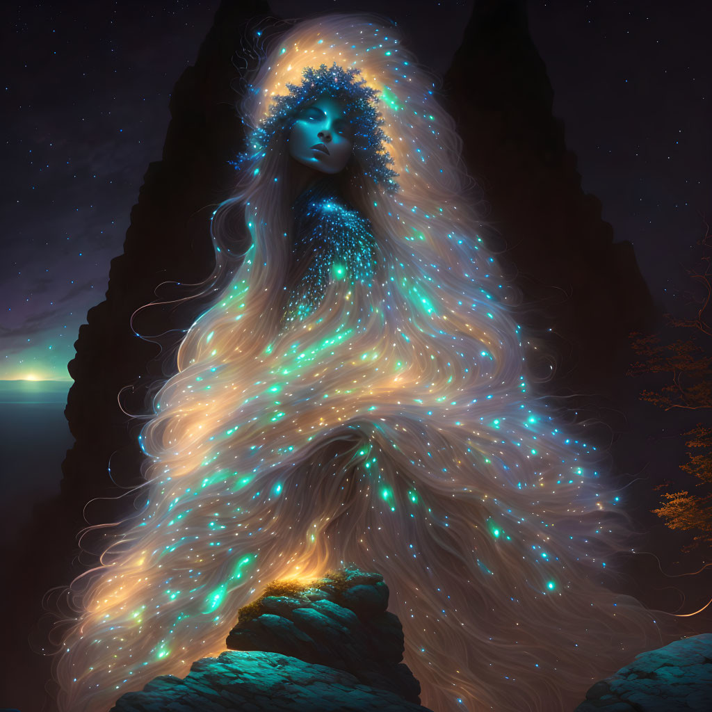 Ethereal figure with star-filled hair in rocky landscape under starry sky