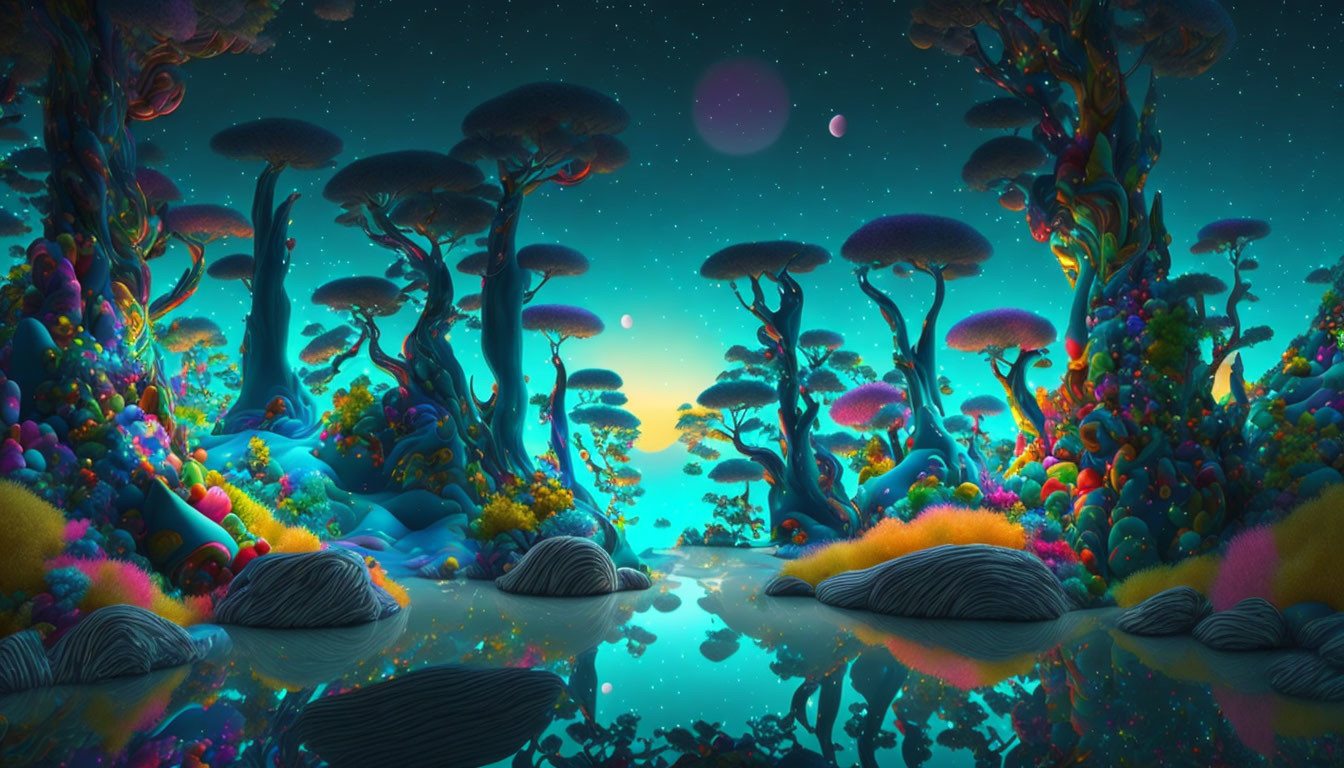 Neon-colored landscape with mushroom-like trees and luminescent flora