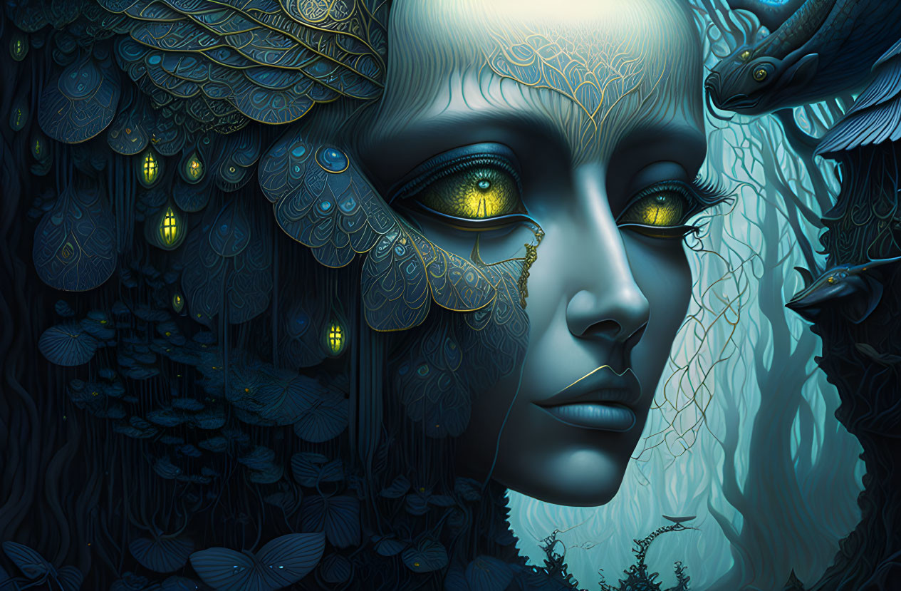 Surreal portrait of mystical female with feathered skin and glowing eyes