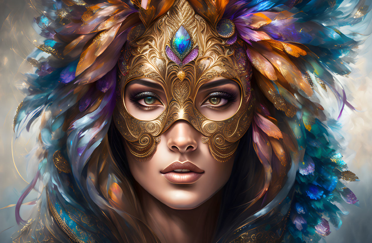 Intricate Golden Masquerade Mask with Vibrant Feathered Headdress