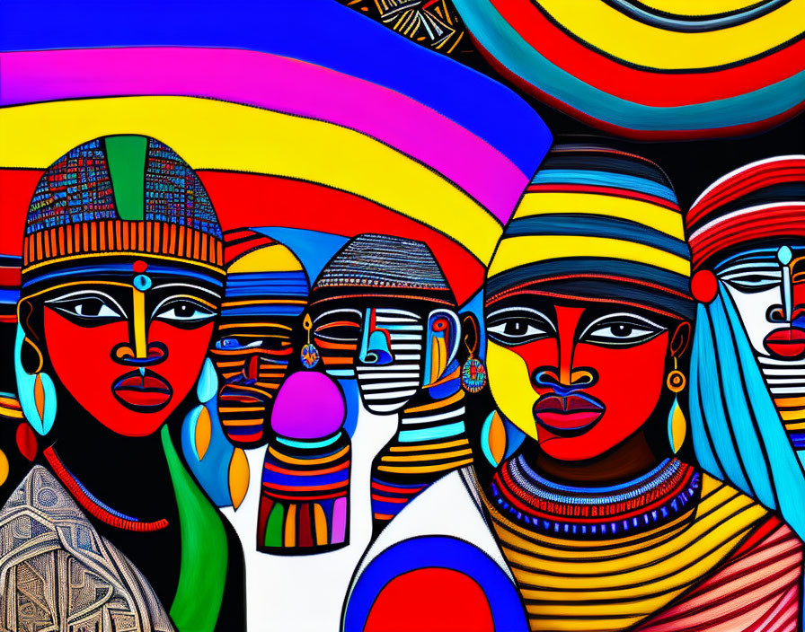 Colorful African Figures with Elaborate Headwear on Abstract Rainbow Background