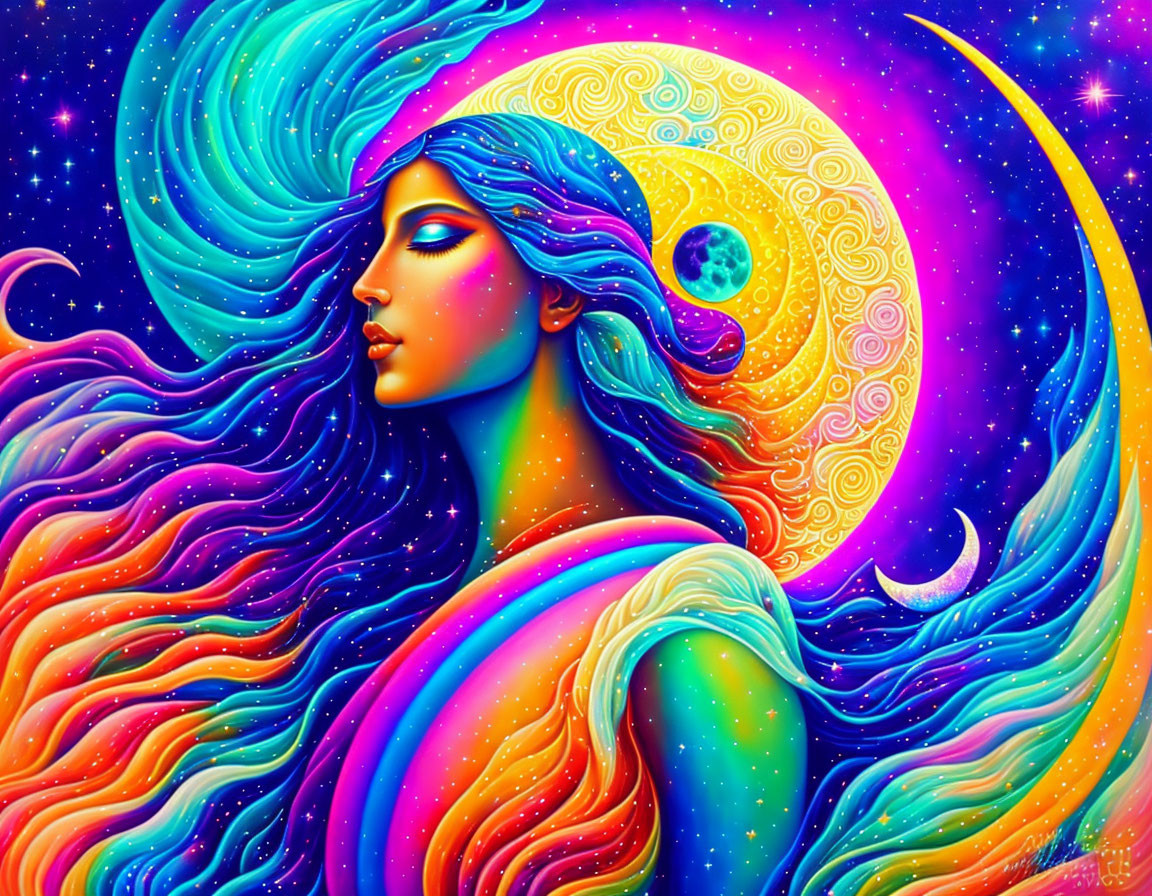 Colorful Psychedelic Portrait of Woman with Cosmic Elements