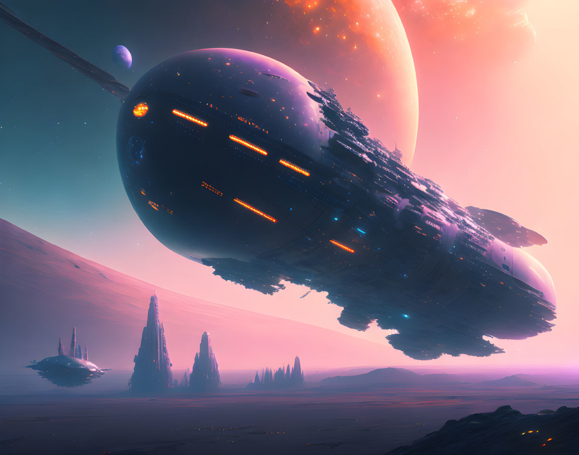 Futuristic spaceship landing on alien desert with pink sky & celestial bodies