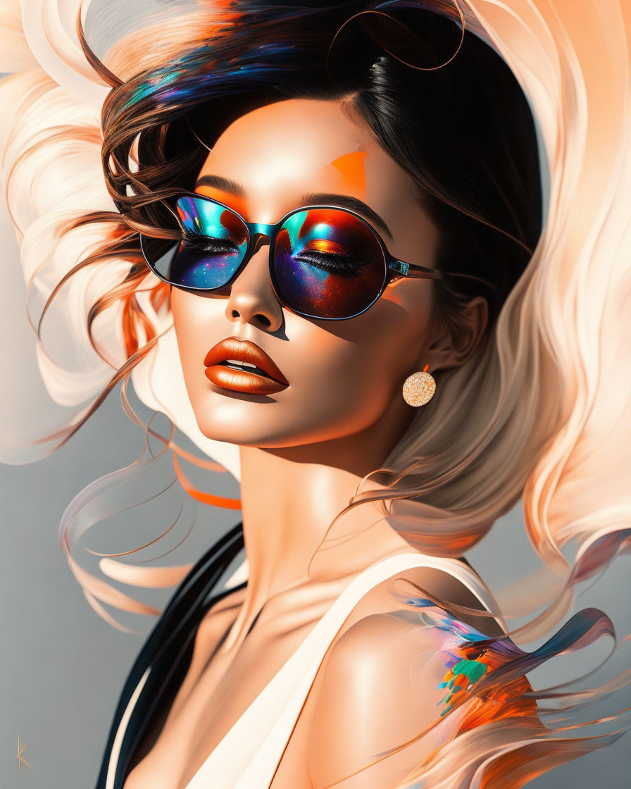 Stylized digital portrait of woman with flowing hair and sunglasses