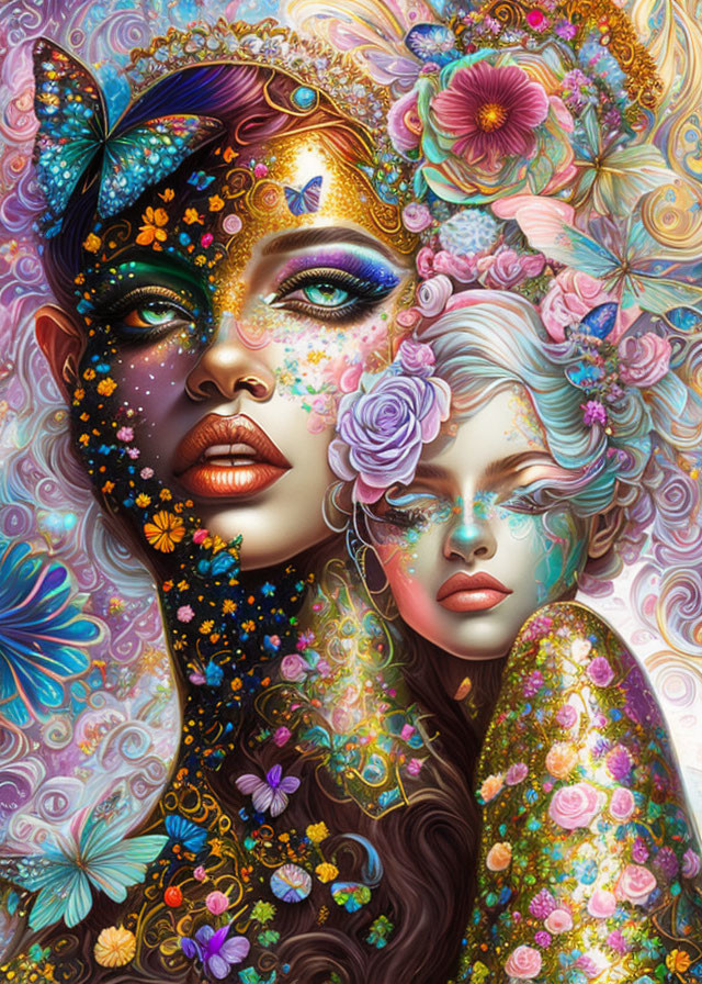 Stylized women with floral and butterfly motifs, artistic makeup, and sparkling eyes in colorful setting