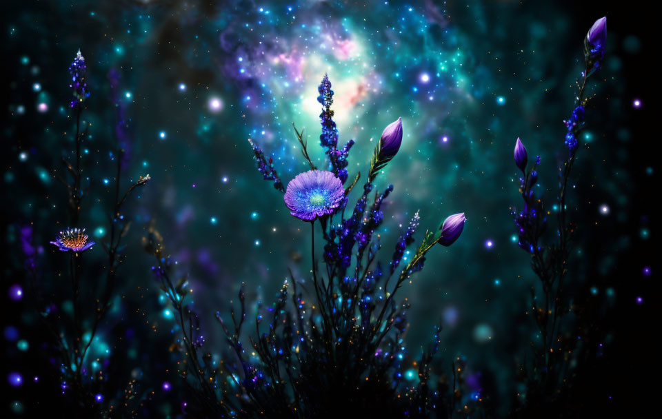 Vibrant violet flowers in mystical starry sky setting