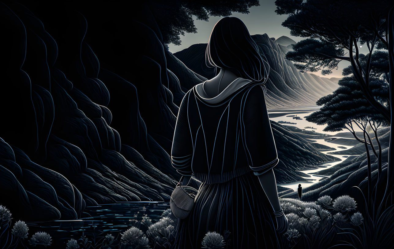 Mysterious figure in cloak gazes at serene nighttime landscape