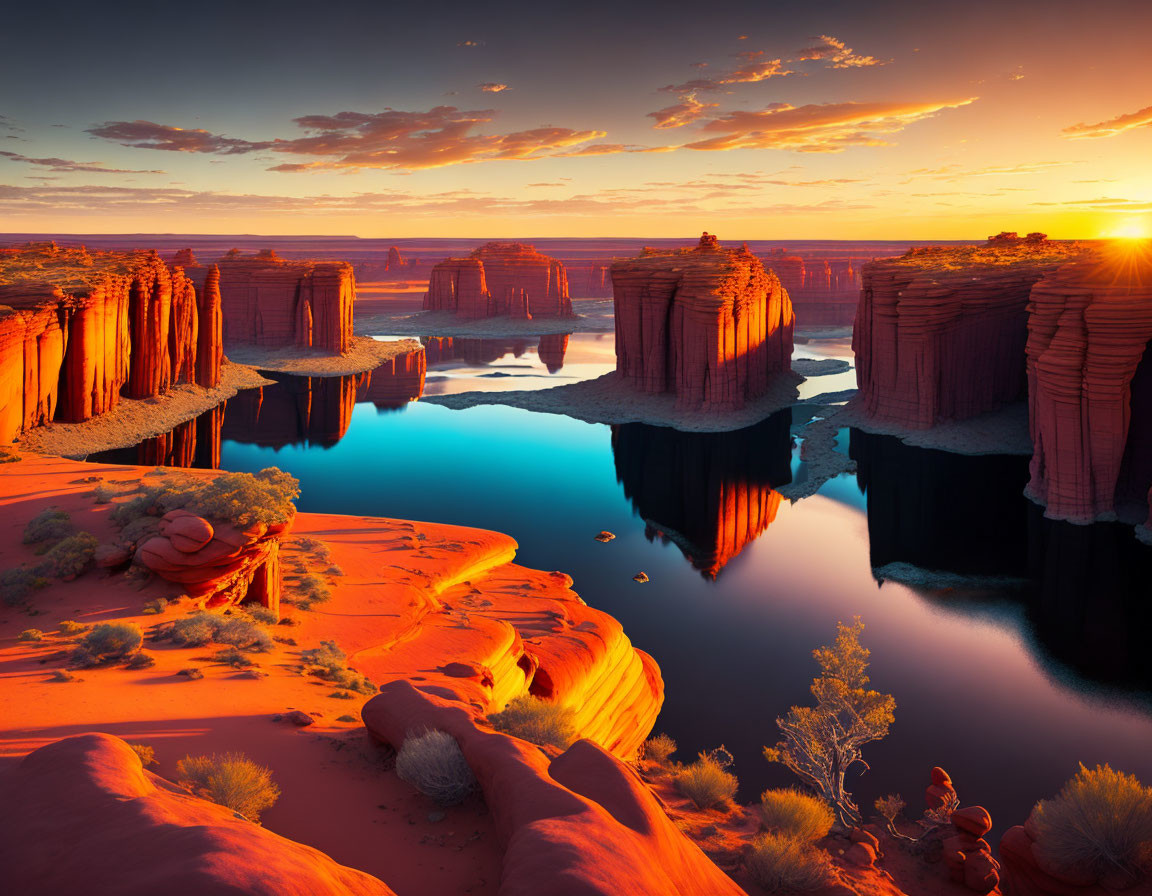 Tranquil desert canyon sunset with towering rock formations