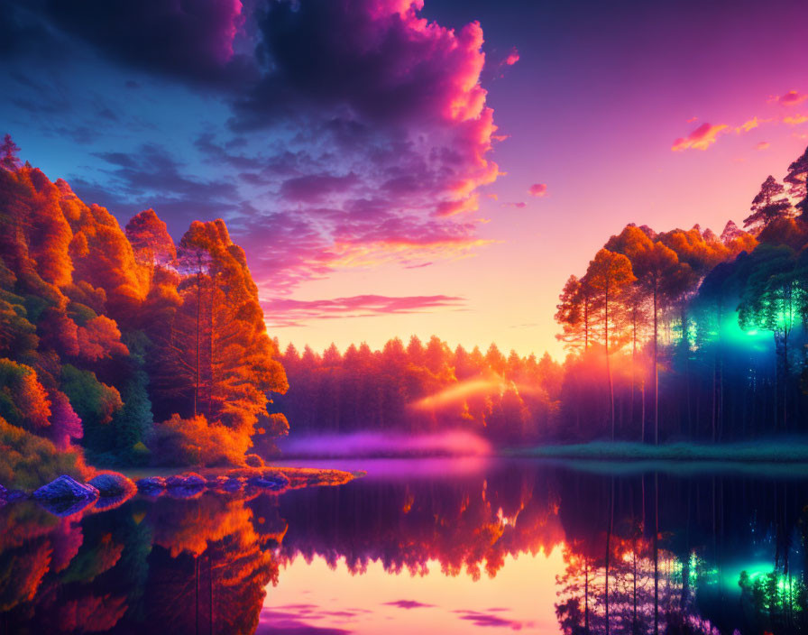 Serene lake at sunrise with colorful tree reflections