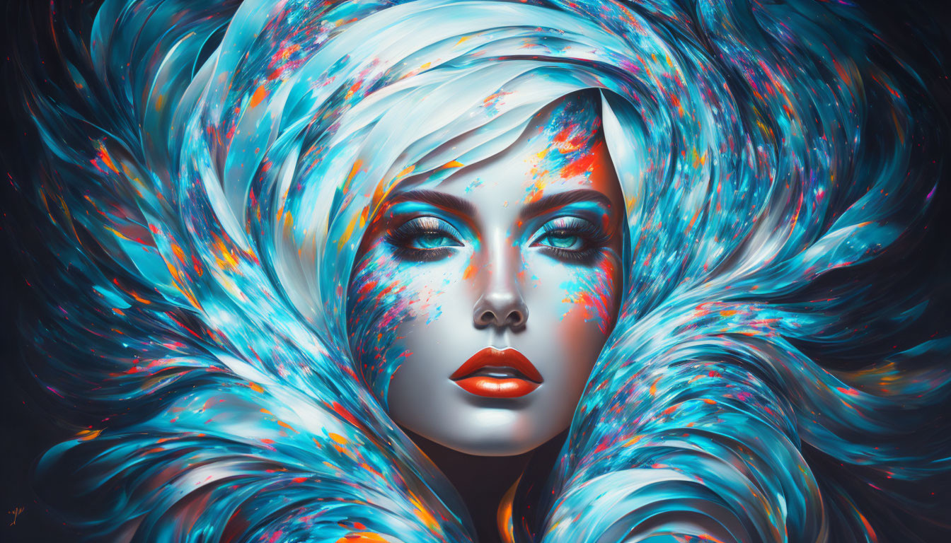 Abstract digital artwork: Woman with flowing hair in blue and white paint swirls