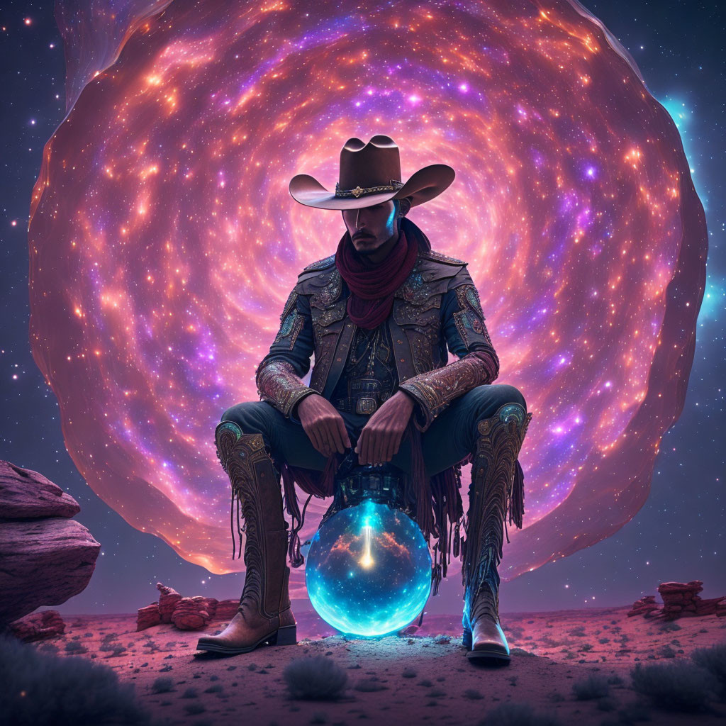 Cowboy in ornate attire under night sky with glowing orb and cosmic nebula.