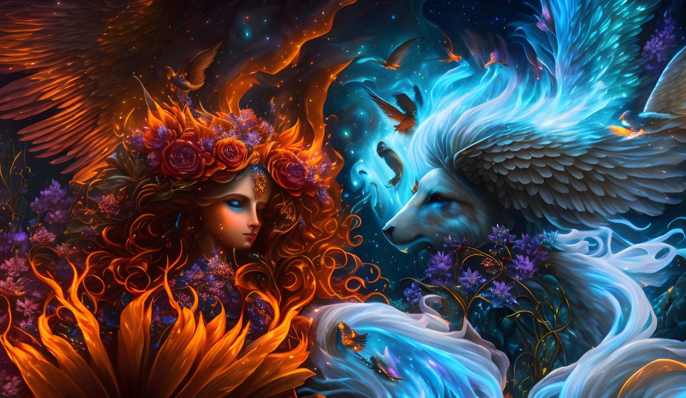 Fantasy artwork: Woman with fiery hair and roses, blue wolf with wings, cosmic energies.