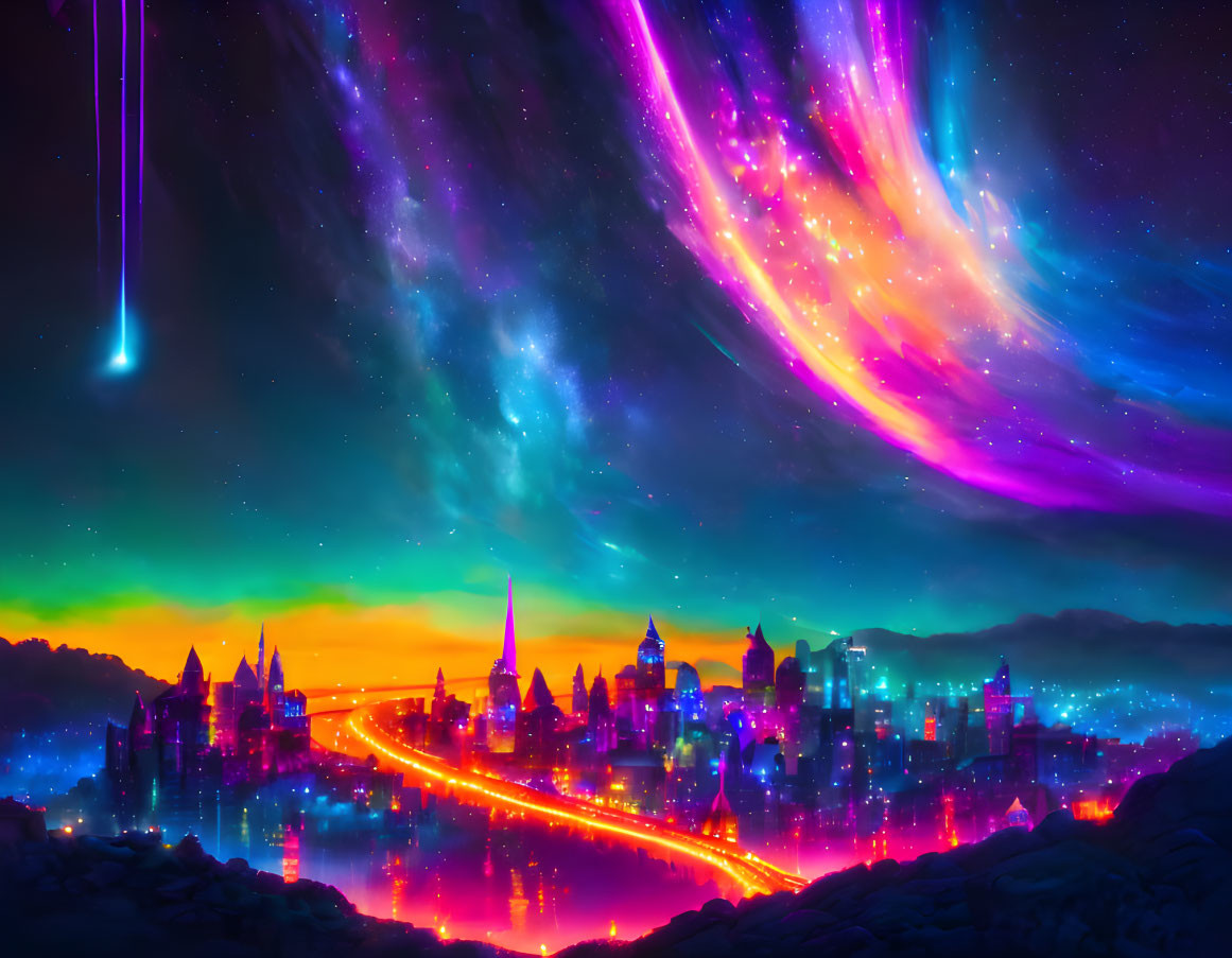 Colorful Fantasy Cityscape with Northern Lights, Meteor, Neon Buildings, and Glowing Bridge