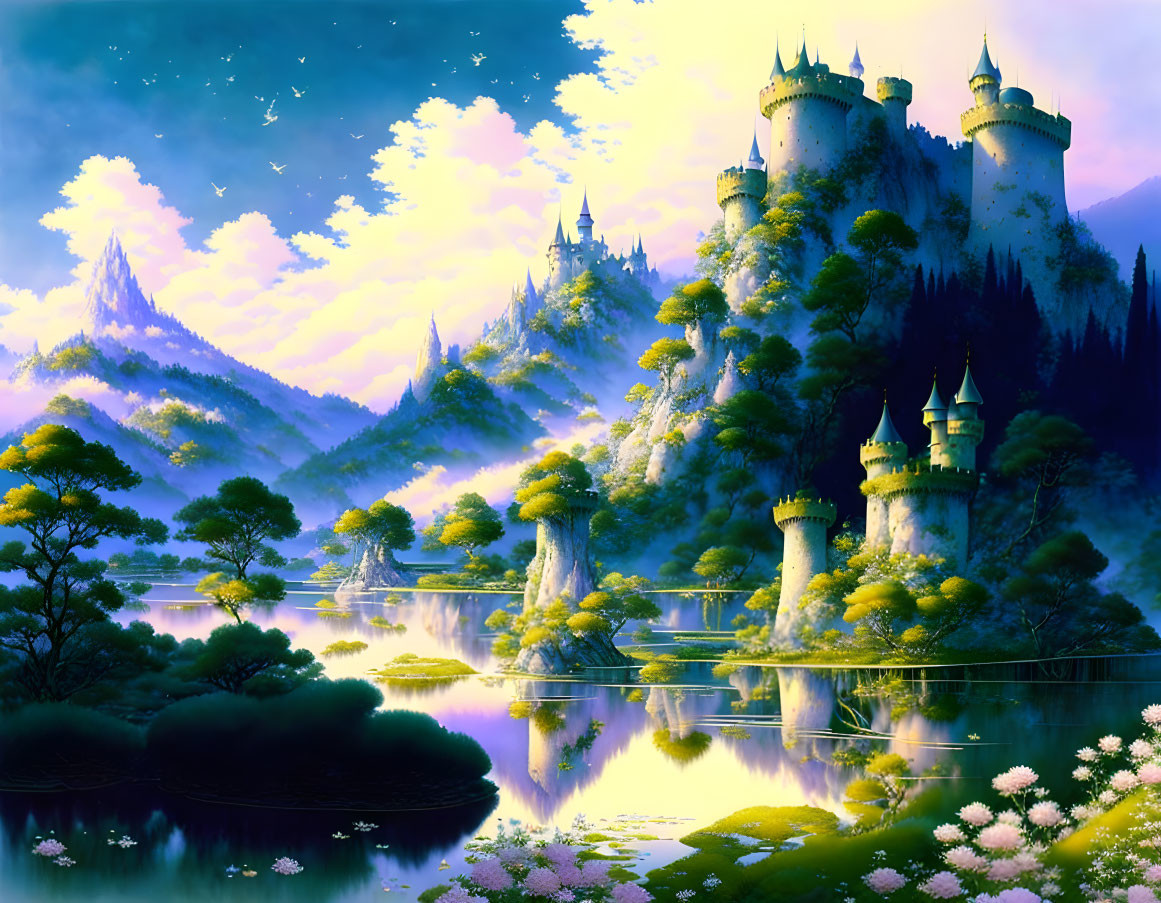 Fantasy landscape with castles, river, trees, and mountains at dawn or dusk