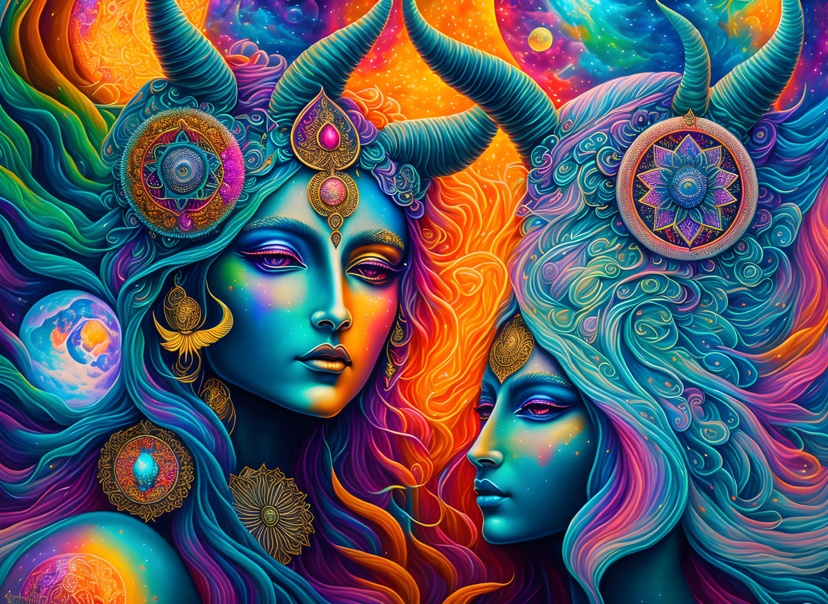 Colorful illustration: Two horned women with cosmic elements in starry space.