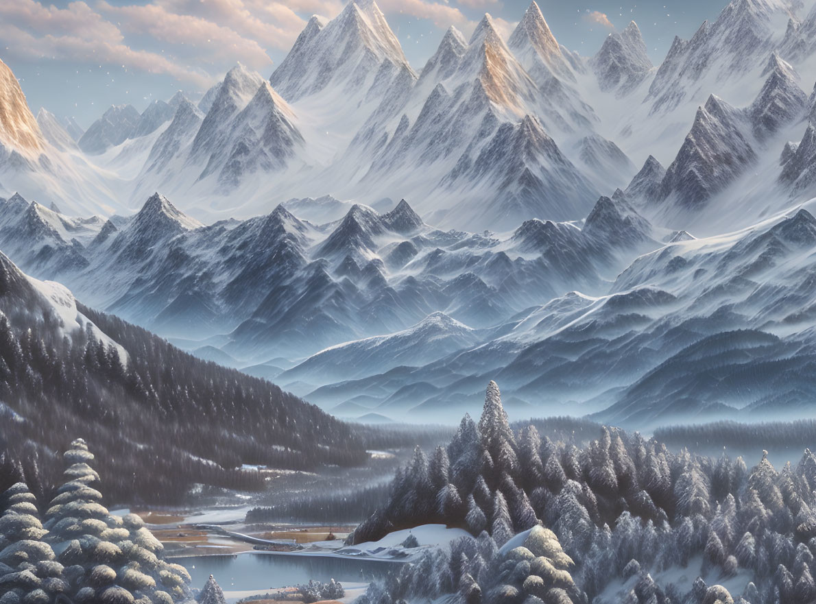 Snow-covered trees, winding river, majestic mountains in serene winter landscape