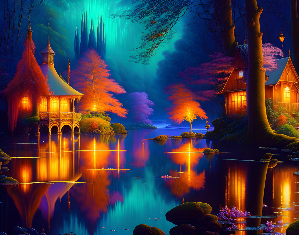 Glowing trees and fairy-tale buildings under starry sky