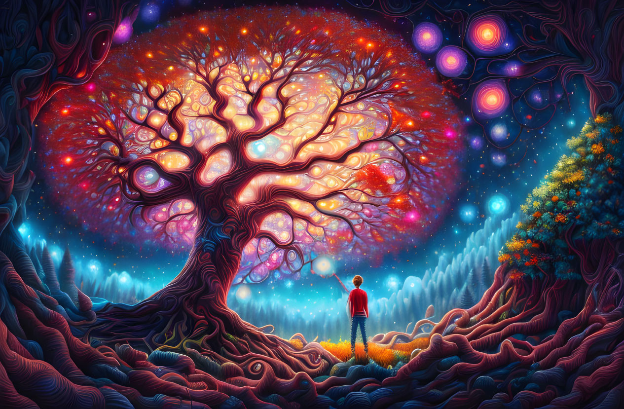 Vibrant cosmic tree with illuminated branches under starry sky