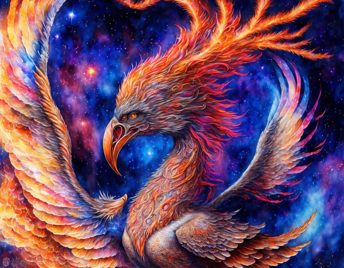 Colorful phoenix with fiery plumage against star-filled backdrop symbolizes rebirth.