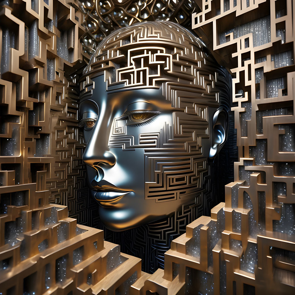 Metallic humanoid face with labyrinth pattern on geometric background