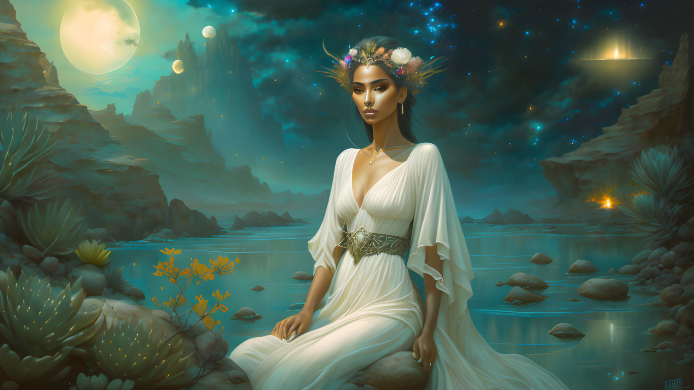 Woman in white gown by starlit pond with lanterns & moonlit landscape