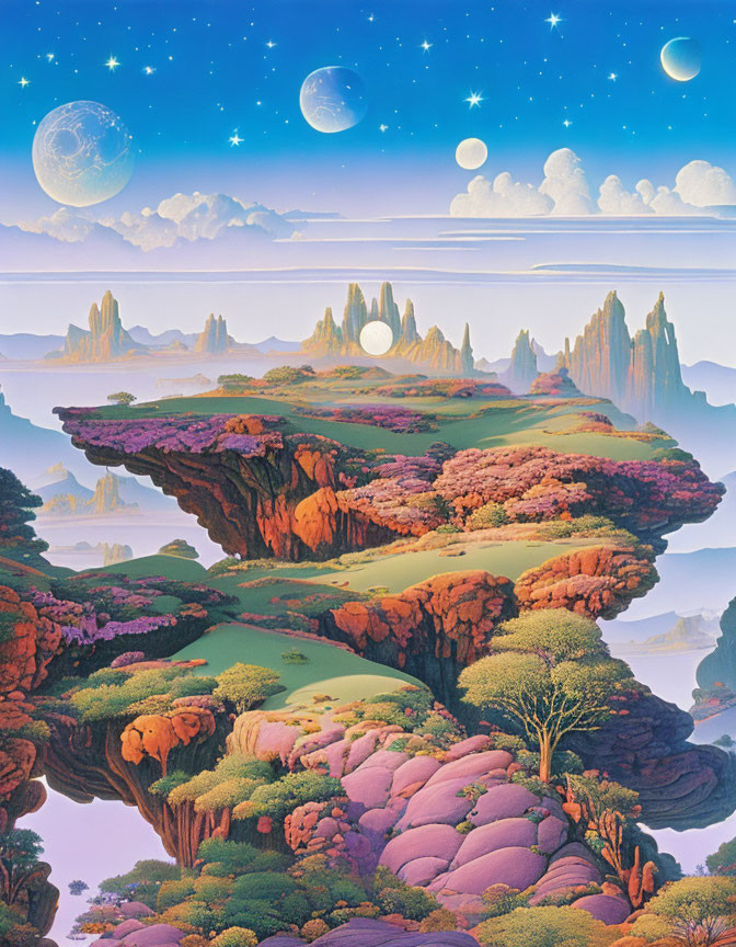 Fantastical landscape with floating islands, lush vegetation, and multiple moons.