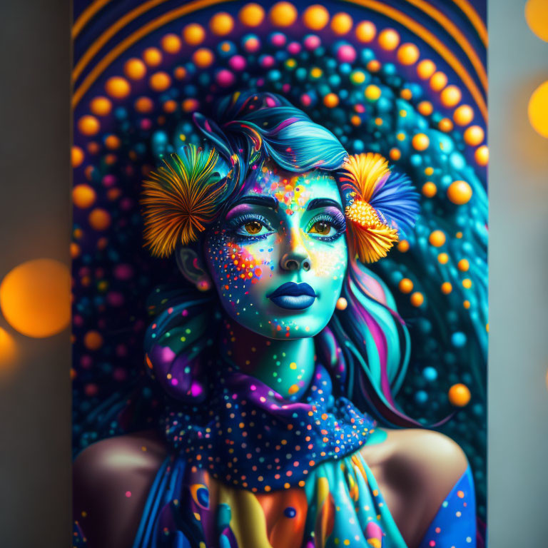 Colorful portrait of woman with blue skin and neon accents on psychedelic background