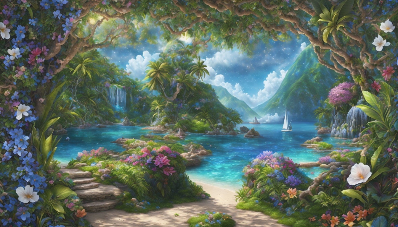 Tropical paradise with lush greenery, flowers, tranquil waters, starry sky, distant waterfalls