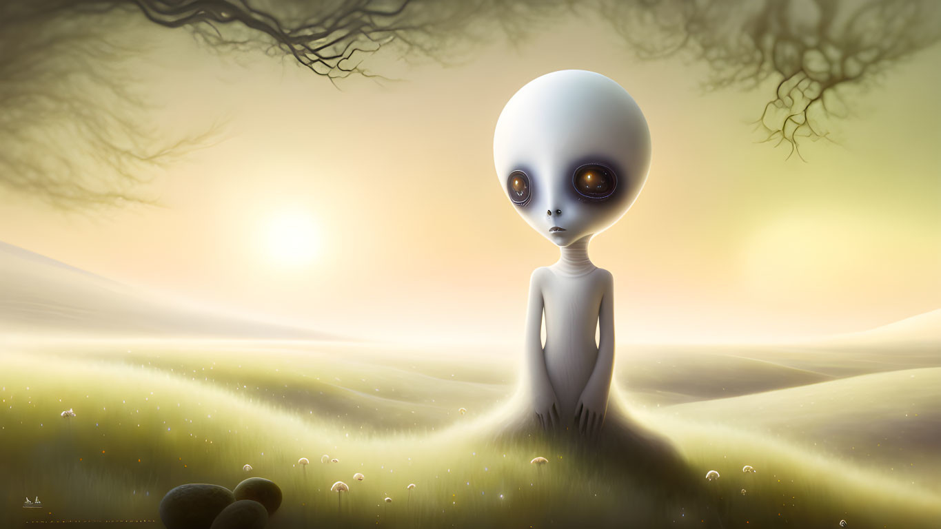 Slender alien in serene sunlit landscape with rolling hills